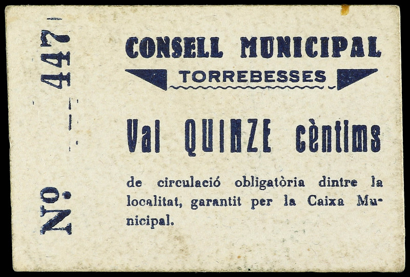 15 Cèntims. C.M. de TORREBESSES. Cartón. (Algo sucio). MUY ESCASO. AT-2539. EBC-...