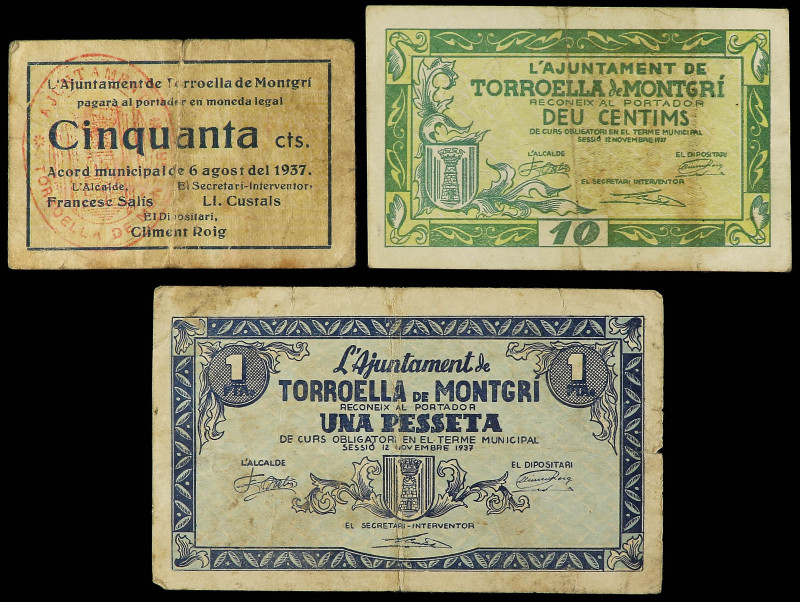 Lote 3 billetes 10, 50 Cèntims y 1 Pesseta. Aj. de TORROELLA DE MONTGRÍ. AT-2565...