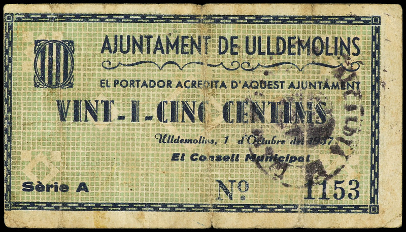 25 Cèntims. 1 Octubre 1937. Aj. d´ULLDEMOLINS. RARO. AT-2620; RGH-10460. MBC-.