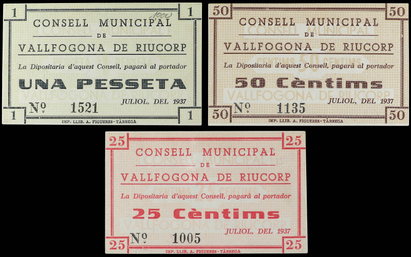 Lote 3 billetes 25, 50 Cèntims y 1 Pesseta. C.M. de VALLFOGONA DE RIUCORP. A EXA...