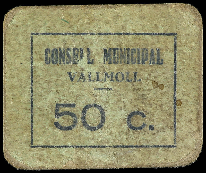 50 Cèntims. C.M. de VALLMOLL. Cartón. (Sucio). MUY ESCASO. AT-2679. MBC.