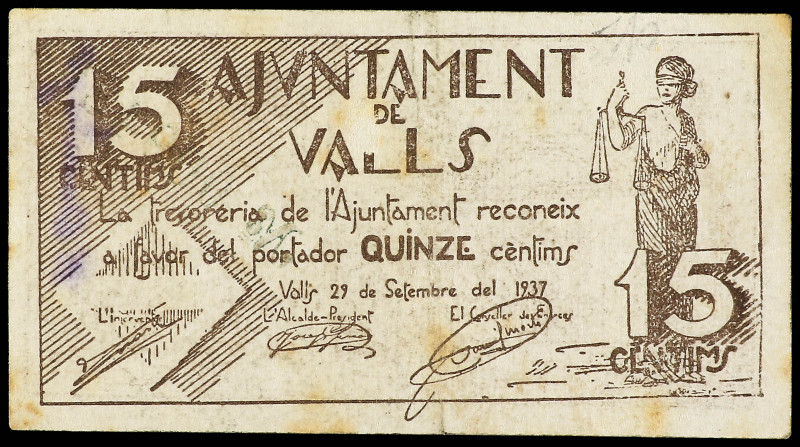 15 Cèntims. 27 Setembre 1937. Aj. de VALLS. (Firmado por el dibujante en reverso...