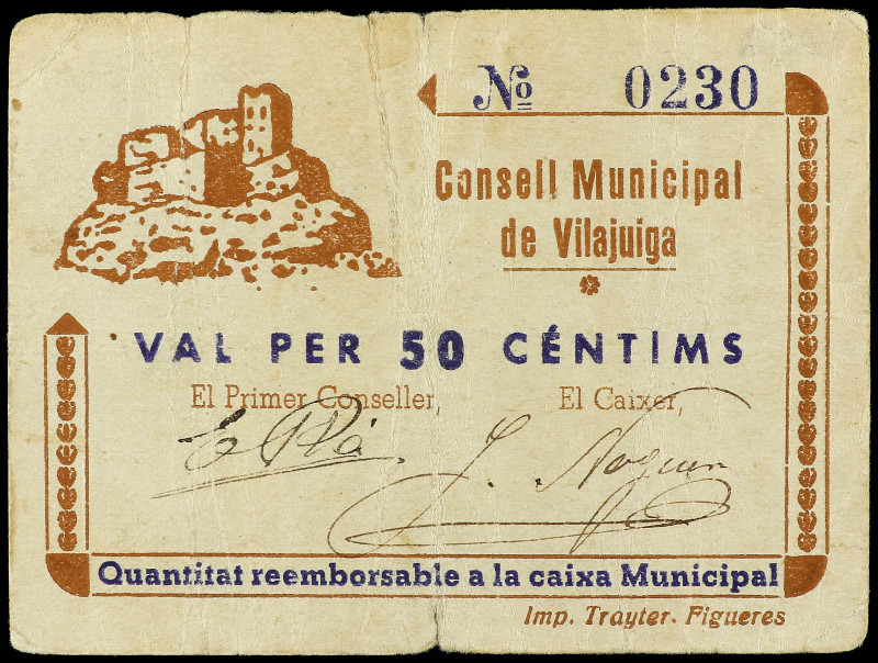 50 Cèntims. C.M. de VILAJUIGA. (Pequeñas roturas). RARO. AT-2787. MBC.