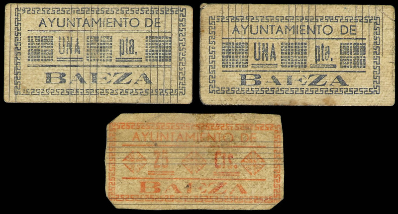 Lote 3 billetes 25 Céntimos y 1 Peseta (2). Ay. de BAEZA (Jaén). Cartulina. 25 C...