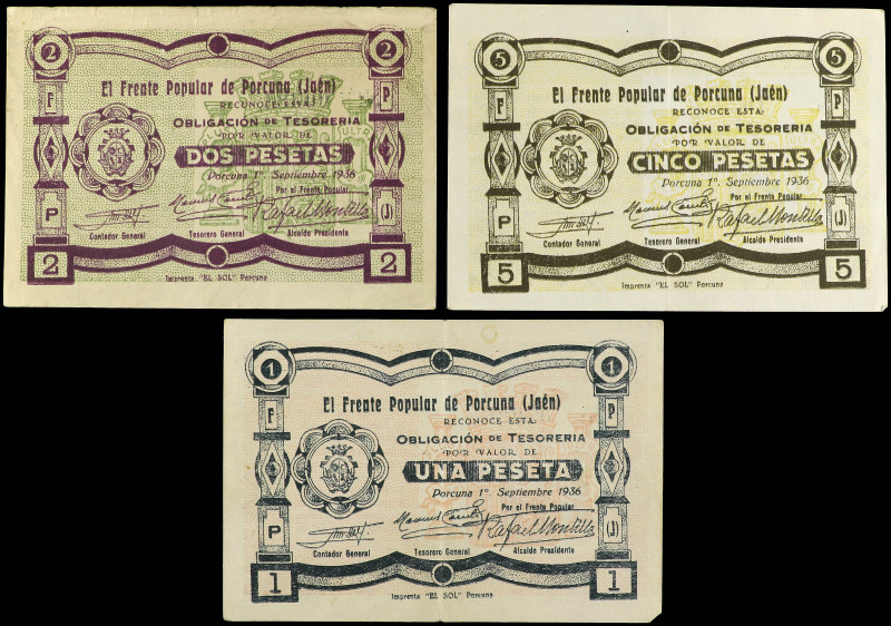 Lote 3 billetes 1, 2 y 5 Pesetas. 1 Septiembre 1936. FRENTE POPULAR DE PORCUNA (...