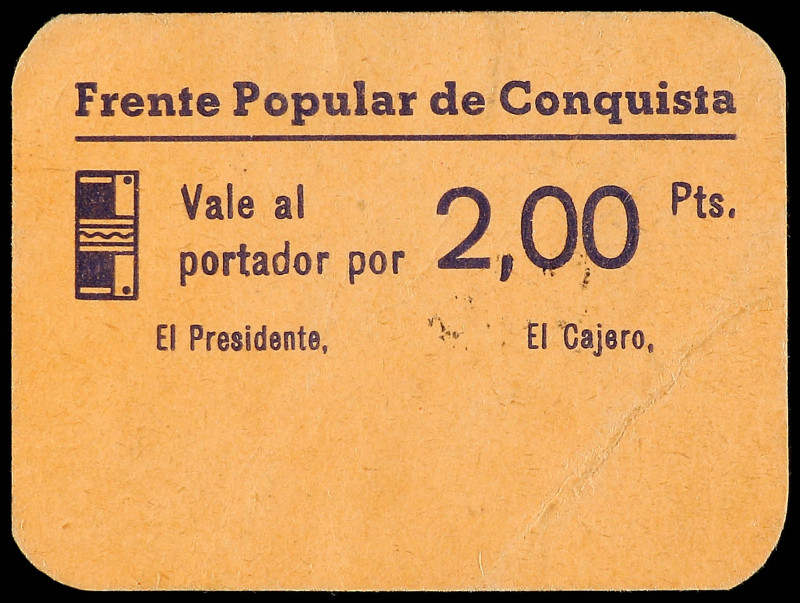 2 Pesetas. FRENTE POPULAR de CONQUISTA (Córdoba). Cartón. Ø 53x39 mm. Rarísimo b...