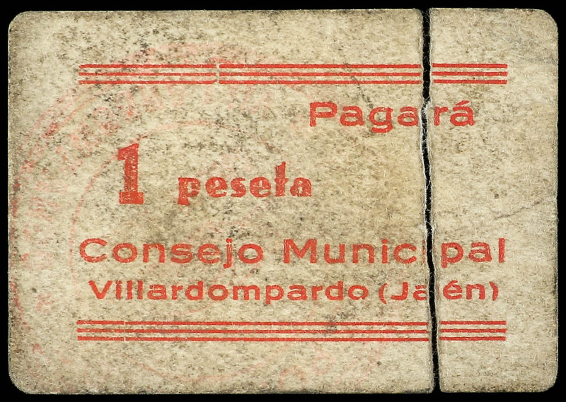 1 Peseta. C.M. de VILLARDOMPARDO (Jaén). Cartón. Sello tampón en anverso y rever...