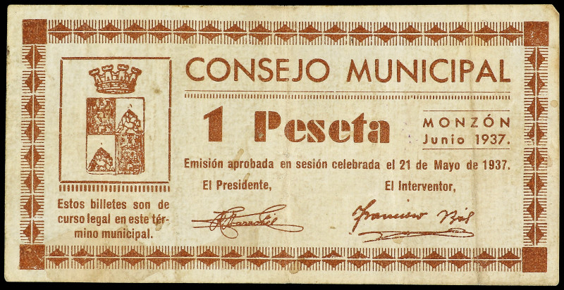 1 Peseta. Agosto 1937. C.M. de MONZÓN (Huesca). RGH-3679. MBC.