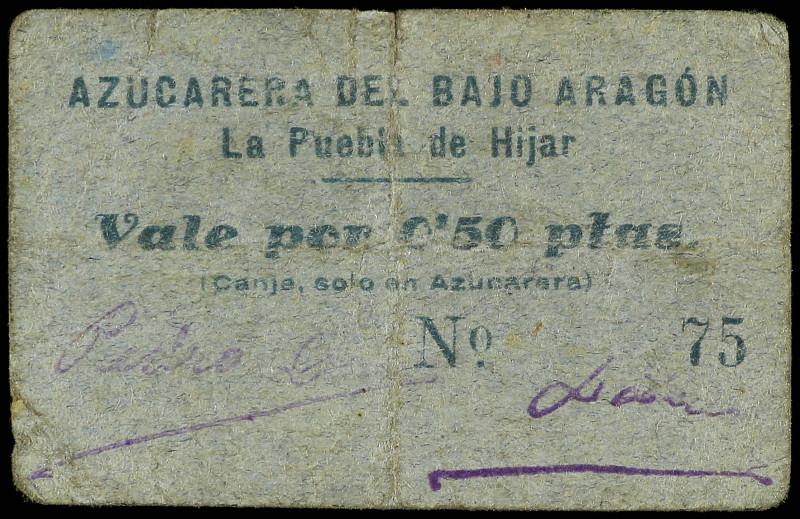 Vale por 0, 50 Pesetas. AZUCARERA DEL BAJO ARAGÓN. LA PUEBLA DE HIJAR (Teruel). ...
