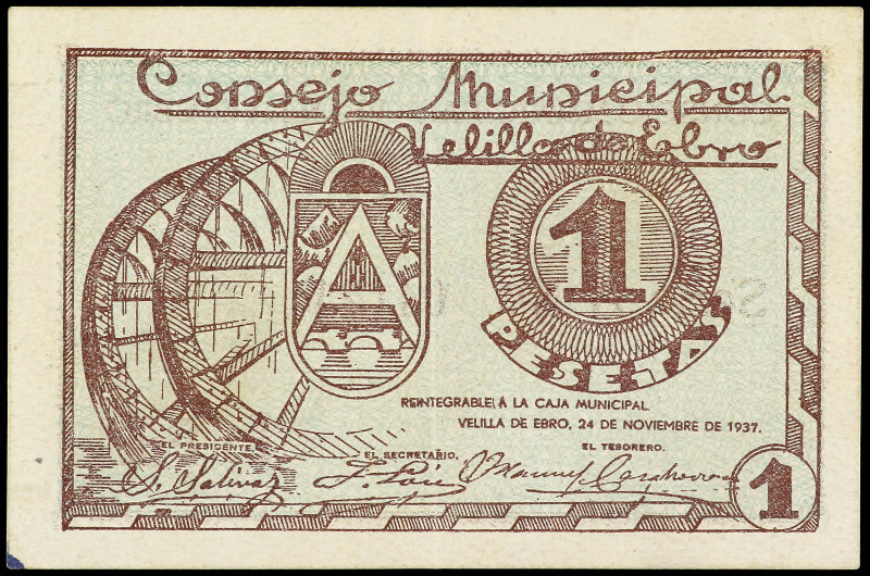 1 Peseta. 24 Noviembre 1937. C.M. de VELILLA DE EBRO (Zaragoza). RARO. RGH-5445....