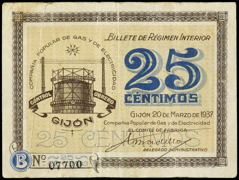 25 Céntimos. 20 Marzo 1937. COMPAÑÍA POPULAR DE GAS Y ELECTRICIDAD. GIJÓN. ESCAS...