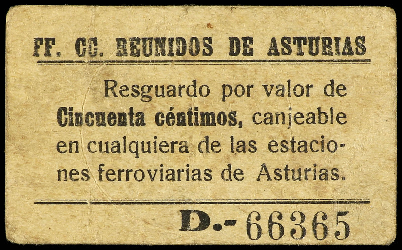 50 Céntimos. FF. CC. REUNIDOS DE ASTURIAS. GIJÓN. Cartulina. Variante serie D y ...