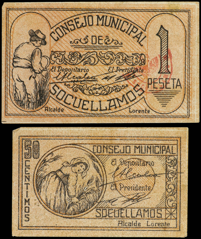 Lote 2 billetes 50 Céntimos y 1 Peseta. 1937. C.M. de SOCUÉLLAMOS (Ciudad Real)....