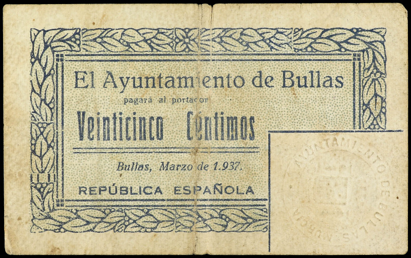 25 Céntimos. Marzo 1937. Ay. de BULLAS (Murcia). 1ª emisión. (Roturas). RARO. RG...
