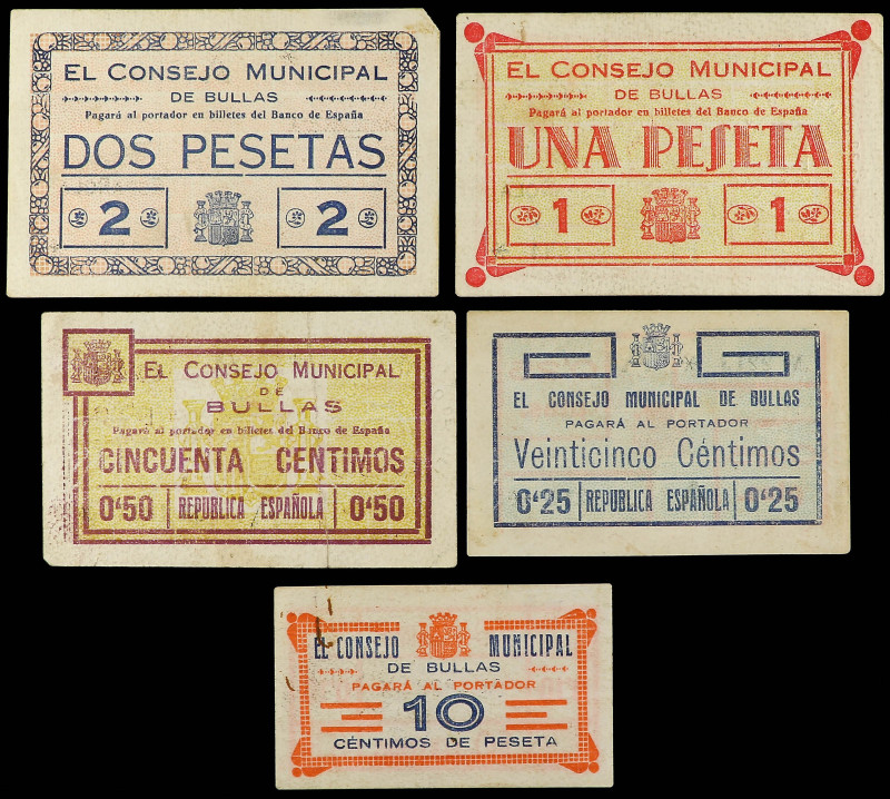 Lote 5 billetes 10, 25, 50 Céntimos, 1 y 2 Pesetas. C.M. de BULLAS (Murcia). 2ª ...