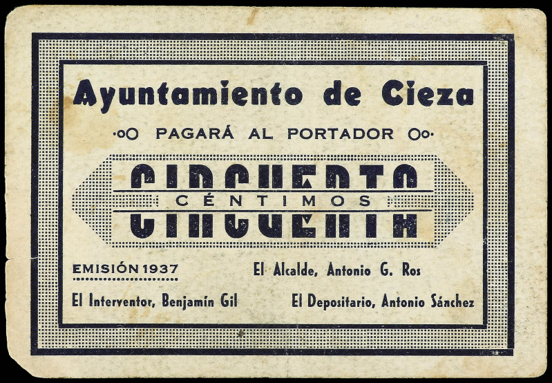 50 Céntimos. 1937. Ay. de CIEZA (Murcia). (Pequeñas manchitas). RGH-1966. MBC+....