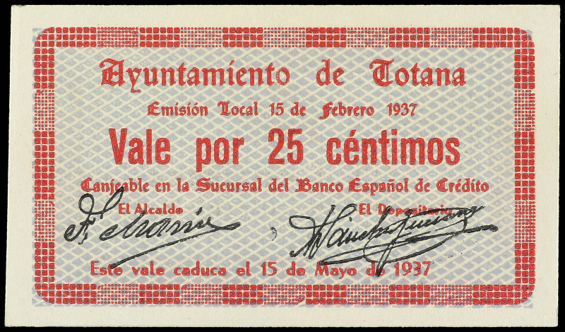 25 Céntimos. 15 febrero 1937. Ay. de TOTANA (Murcia). RGH-5159. SC-.