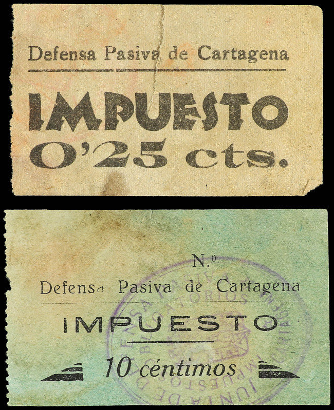 Lote 2 tiquets 10 Céntimos y 0´ 25 Cts. IMPUESTO. DEFENSA PASIVA DE CARTAGENA (M...