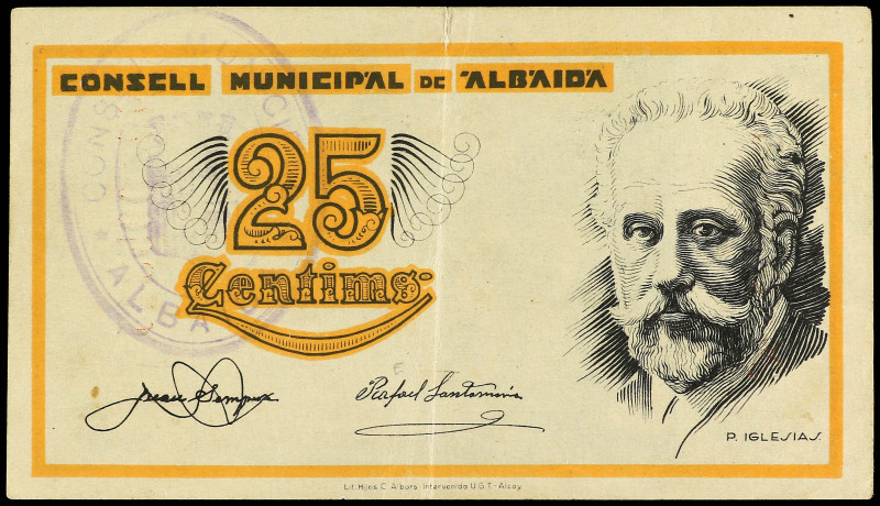 25 Cèntims. C.M. de ALBAIDA (Valencia). (Leve rotura en margen). RGH-144. MBC+....