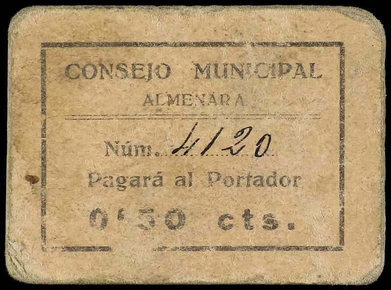 0, 50 Cts. C.M. de ALMENARA (Castellón). Cartón. Color crema. RGH lo cataloga en...