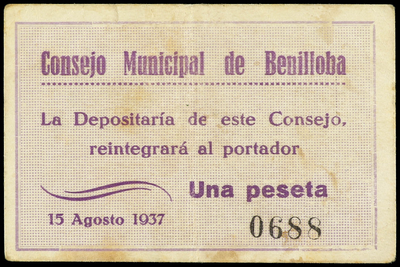 1 Peseta. 15 Agosto 1937. C.M. de BENILLOBA (Alicante). (Manchitas). RGH-1123. M...