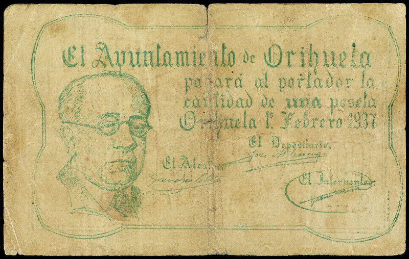 1 Peseta. 1 Febrero 1937. C.M. de ORIHUELA (Alicante). Serie 4. (Roturas). RGH-3...