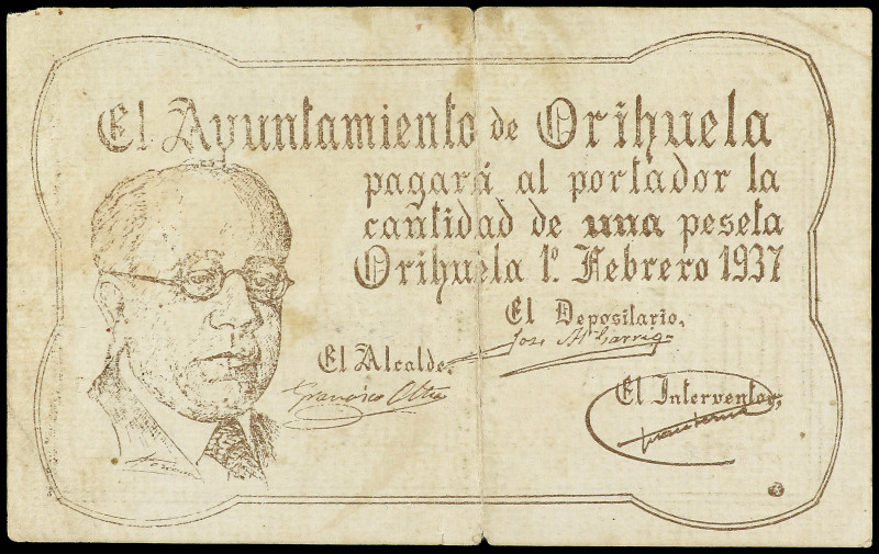 1 Peseta. 1 Febrero 1937. C.M. de ORIHUELA (Alicante). Serie 5. (Roturas). ESCAS...