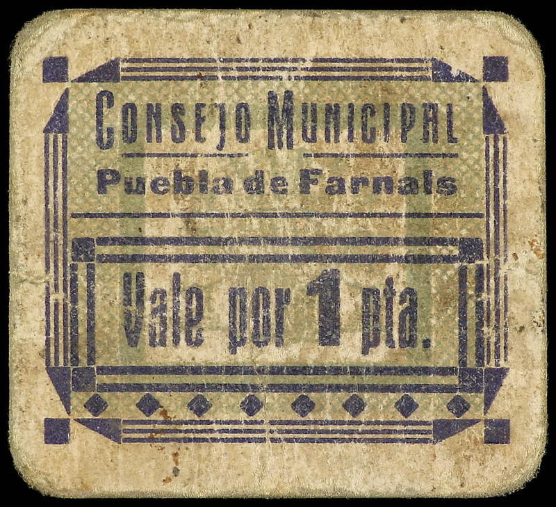1 Peseta. C.M. de PUEBLA DE FARNALS (Valencia). Cartulina. RGH-4333. MBC.