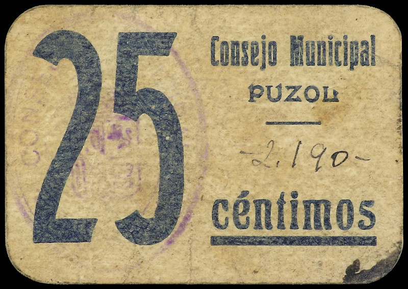 25 Céntimos. C.M. de PUZOL (Valencia). Cartón. (Algo sucio). TV-1201. MBC+.
