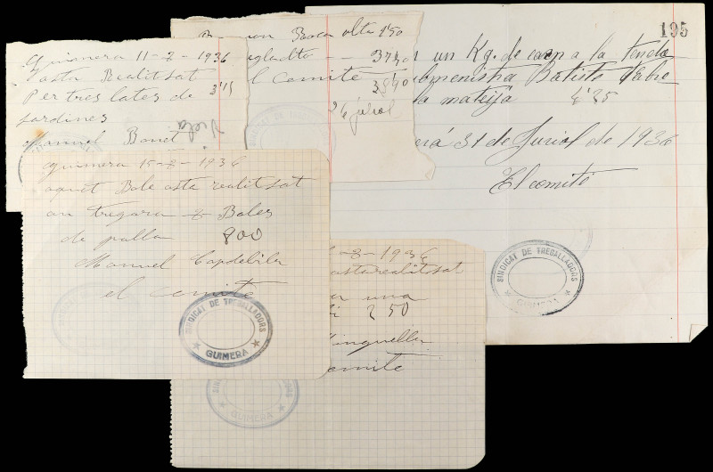 Lote 5 vales. 26 Julio, 7 y16 Agosto 1936. GUIMERÀ (Lleida). Conjunto de cinco v...