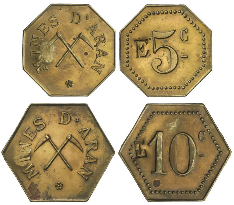 Lote 2 fichas 5 y 10 Cèntims. MINES D´ ARAN. LA VALL D´ ARAN. Latón. ESCASAS. L-...