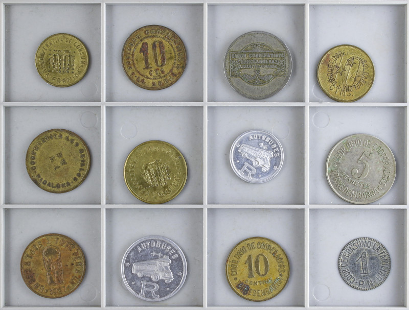 Lote 12 fichas. Al, Latón, Zinc, Ni. Incluye: 10 y 20 C. Autobuses ROCA (Guerra ...