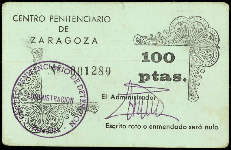 100 Pesetas. CENTRO PENITENCIARIO de ZARAGOZA. Cartulina. Lacruz-Macias-Z161 mis...