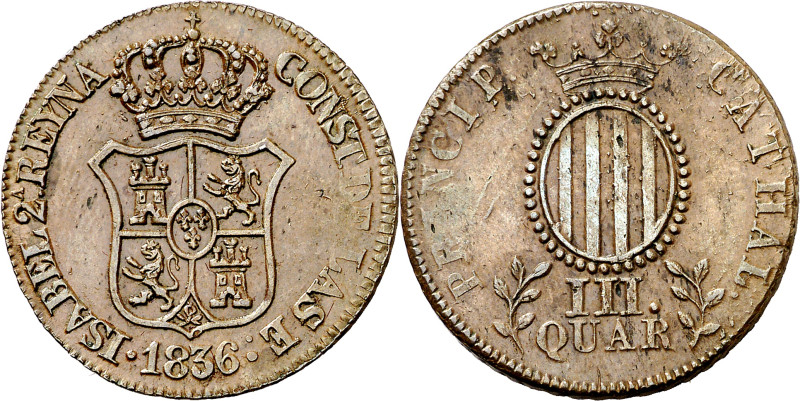 1836. Isabel II. Barcelona. 3 cuartos. (AC. 1). CATHAL / III QUAR. Rara. 7,16 g....