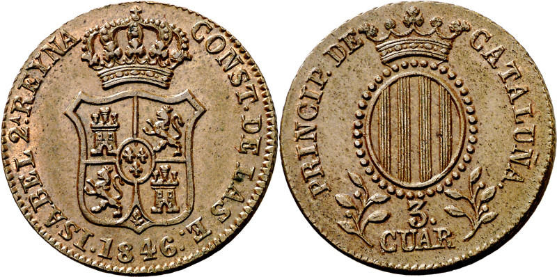 1846. Isabel II. Barcelona. 3 cuartos. (AC. 13). Bella. Escasa así. 7,45 g. EBC+...