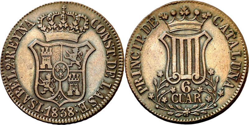 1838. Isabel II. Barcelona. 6 cuartos. (AC. 18). Buen ejemplar. 14,53 g. EBC-. E...