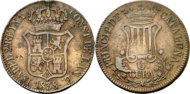 1838. Isabel II. Barcelona. 6 cuartos. (AC. 19). 6 CURA. Muy rara. 15,25 g. MBC....