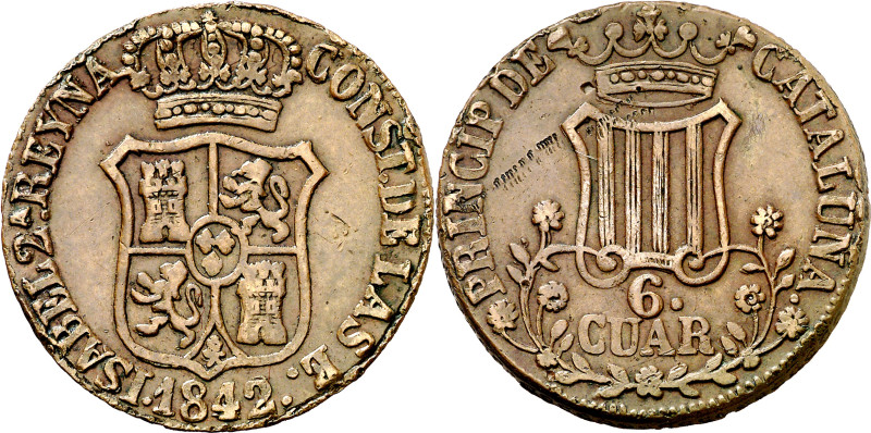 1842. Isabel II. Barcelona. 6 cuartos. (AC. 24). Pequeño defecto en reverso. Gol...