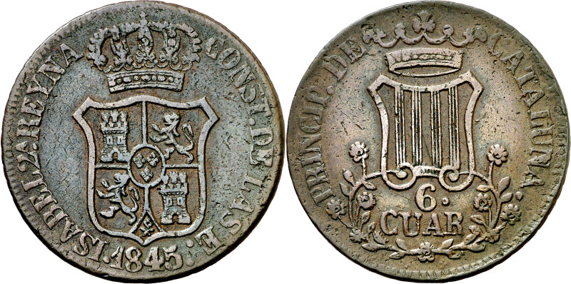 1845. Isabel II. Barcelona. 6 cuartos. (AC. 29). Flores de 7 pétalos. 15,01 g. M...