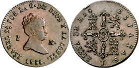 1838. Isabel II. Jubia. 2 maravedís. (AC. 38) (C. & N. 104). Golpecito. 2,59 g. MBC/MBC+. 

1838. Isabel II. Jubia. 2 maravedis. (AC. 38) (C. & N. 1...