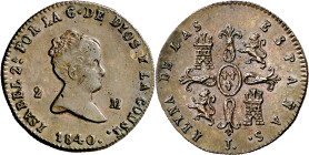1840. Isabel II. Jubia. 2 maravedís. (AC. 39) (C. & N. 106). Muy rara. 2,55 g. MBC+/EBC-. Ex Áureo & Calicó 22/09/2011, nº 980. 

1840. Isabel II. J...