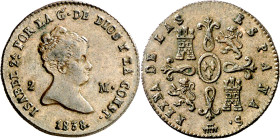 1838. Isabel II. Segovia. 2 maravedís. (AC. 49). 2,48 g. EBC-. Ex Áureo 17/12/2002, nº 1877. 

1838. Isabel II. Segovia. 2 maravedis. (AC. 49). 2,48...