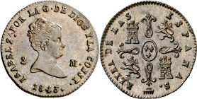 1843. Isabel II. Segovia. 2 maravedís. (AC. 55). 2,39 g. EBC. 

1843. Isabel II. Segovia. 2 maravedis. (AC. 55). 2,39 g. EBC.