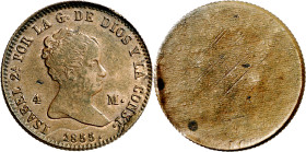 1855. Isabel II. (Barcelona). 4 maravedís. Prueba de anverso acuñada sobre otra moneda. Rarísima. 5,49 g. S/C. Ex Colección O'Donnell, Áureo 19/11/200...
