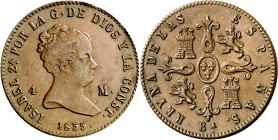 1855. Isabel II. Barcelona. 4 maravedís. (AC. 65). 5,56 g. EBC-/EBC. 

1855. Isabel II. Barcelona. 4 maravedis. (AC. 65). 5,56 g. EBC-/EBC.
