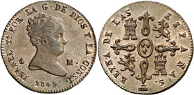 1849. Isabel II. Segovia. 4 maravedís. (AC. 92). Bella. 4,90 g. EBC/EBC+. Ex Colección Canarias, Áureo 03/04/2001, nº 528. 

1849. Isabel II. Segovi...