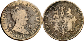 1854. Isabel II. Barcelona. 8 maravedís. (AC. 97 var). Acuñada sobre 6 cuartos, las dos monedas visibles. Rara. 8,66 g. BC+. Ex Colección O'Donnell, Á...