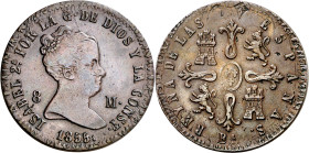 1855. Isabel II. Barcelona. 8 maravedís. (AC. 98). Acuñada sobre 6 cuartos, las dos monedas visibles. Rara. 9,67 g. (EBC-). Ex Áureo 19/12/2006, nº 60...