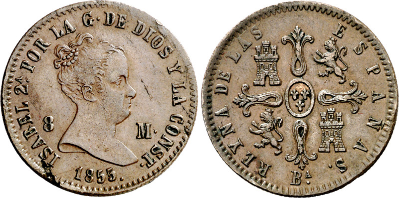 1855. Isabel II. Barcelona. 8 maravedís. (AC. 99). Hojita, pero buen ejemplar. R...