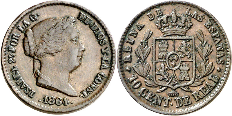 1864. Isabel II. Segovia. 10 céntimos de real. (AC. 180). 3,64 g. MBC+. 

1864...